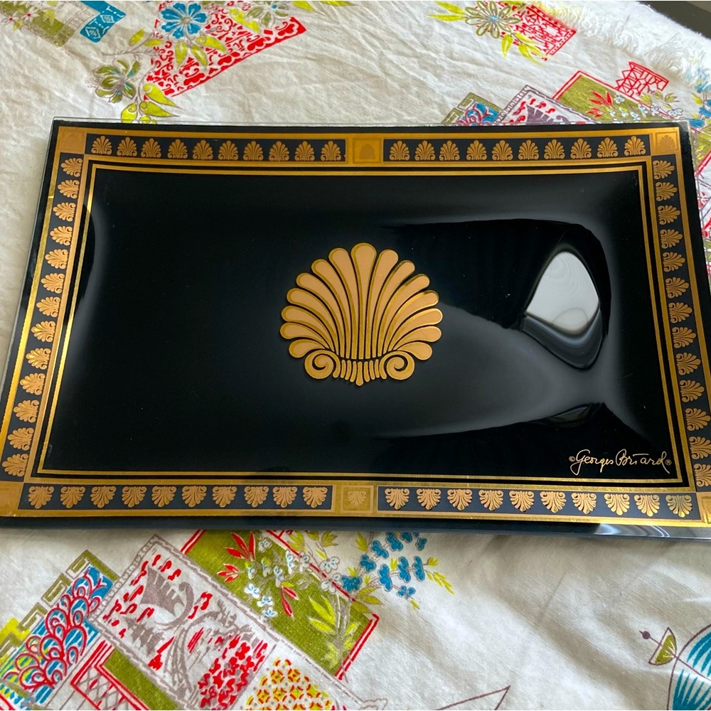 Orig. neoclassical Georges Briard 22k gold/black MCM glass snack tray